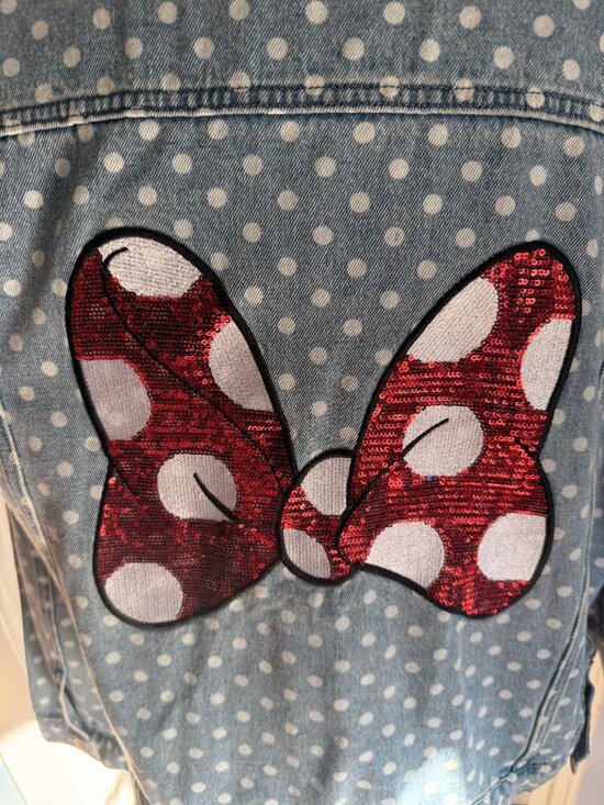 NWT Disney Parks Minnie Mouse Red Sequins, Polka Dot Denim Jacket for Women XL - Picture 2 of 7